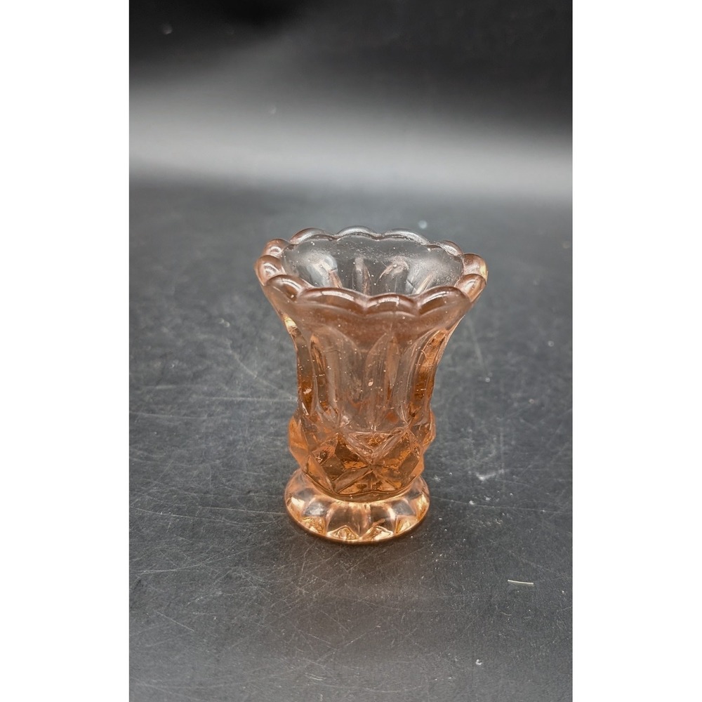 Vintage Pink Depression Glass Toothpick Holder Scalloped Diamond Point Pattern